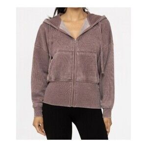 Mono b Mineral Washed Hoody Plum Zip Sz L Tapperd Long Sleeve Kangaroo Pockets
